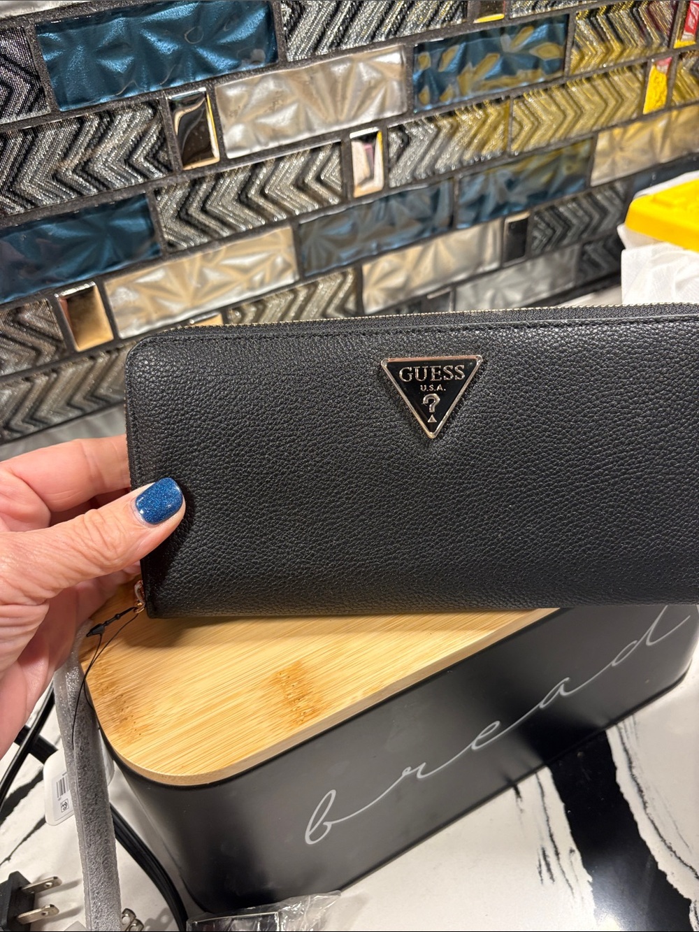 Guess Black Pebbled Zip-Around Wallet with Gold Triangle Logo